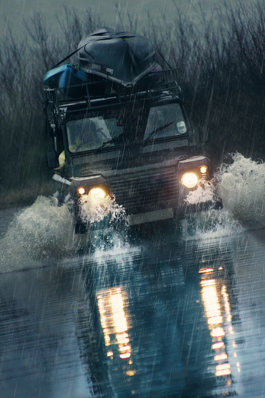 land rover in water